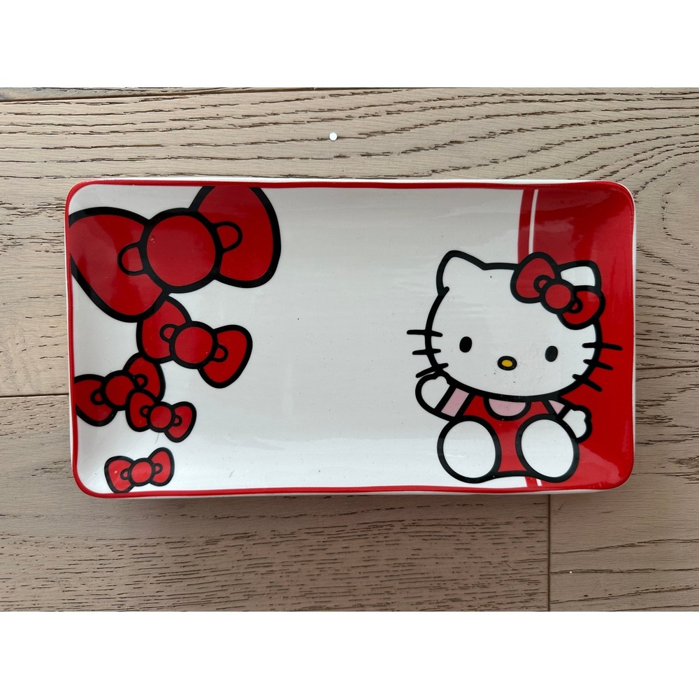 Hello Kitty Sanrio Ceramic Rectangular Trinket Tray Red White Silver Buffalo